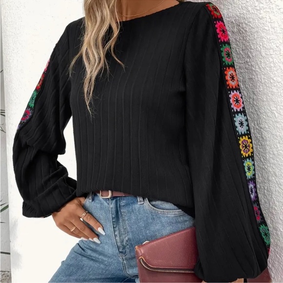 Chic Black Blouse with Colorful Embroidered Sleeves - Picture 4 of 5